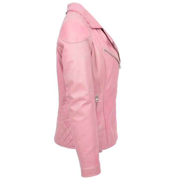 Womens Leather Biker Jacket Cross Zip Style Tina Pink 5