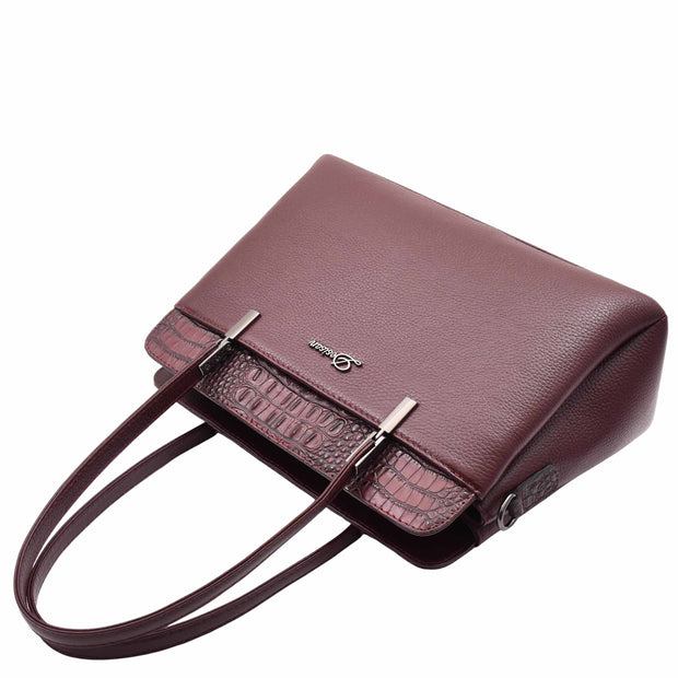 Genuine Leather Shoulder Bag Womens Multi Pockets Croc Trim Fashion Handbag A597 Bordo