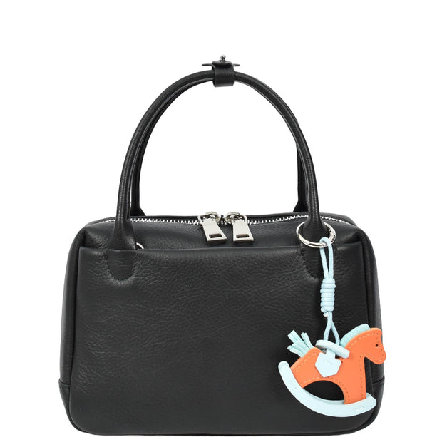 Womens Leather Mini Handbag with Rocking Horse Charm Girls Casual Fashion Tote Lori Black