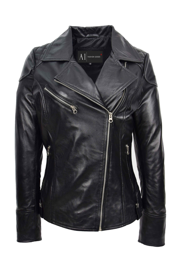 Womens Leather Biker Jacket Cross Zip Style Tina Black 5