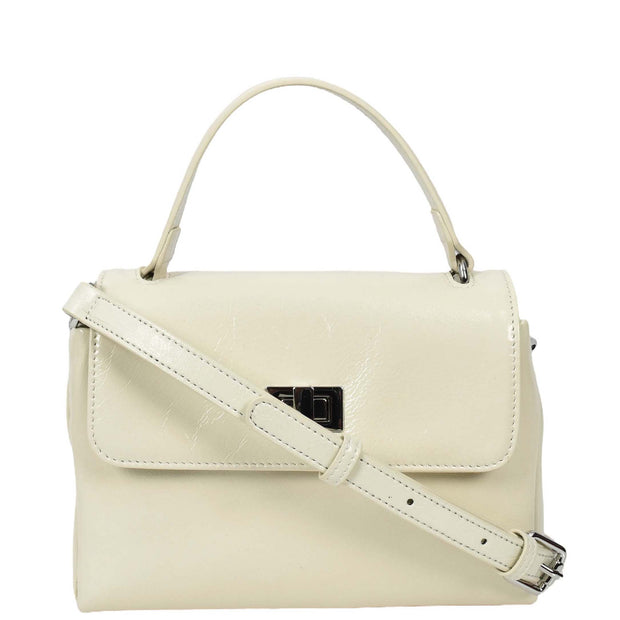 Womens Genuine Leather Small Handbag Glossy Casual Top Handle Crossbody Bag with Turn Lock Oisin White