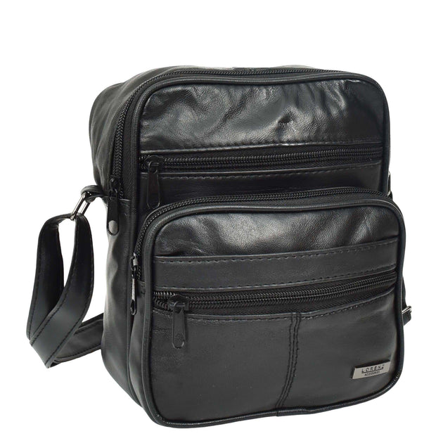 Mens Black Leather Flight Bag Cross Body Multi Pocket Messenger A145