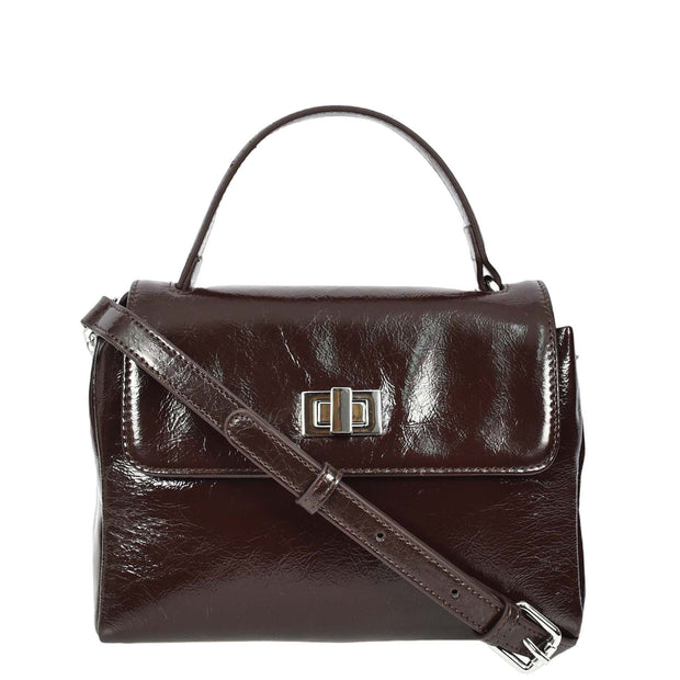 Womens Genuine Leather Small Handbag Glossy Casual Top Handle Crossbody Bag with Turn Lock Oisin Brown