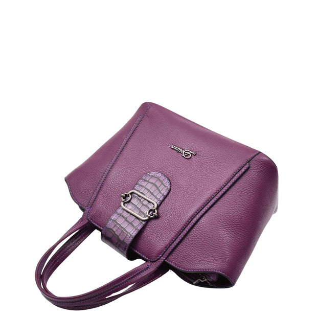 Womens Real Leather Handbag Croc Trim Casual Outgoing Fashion Tote Bag A6058 Purple