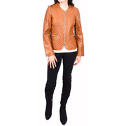 Womens Collarless Cognac Leather Jacket Fitted Quilted Zip Up - Remi