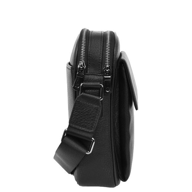 Mens Real Leather Messenger Bag Medium Size Travel Crossbody Multiple Zip Pockets Organiser A1371 Black