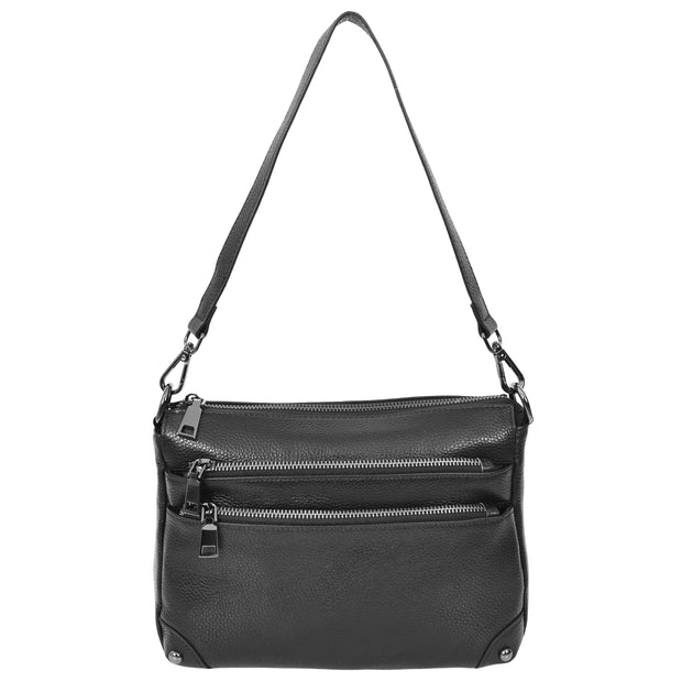 Womens Leather Shoulder Bag Classic Multiple Zip Pockets Handbag A188 Black-3