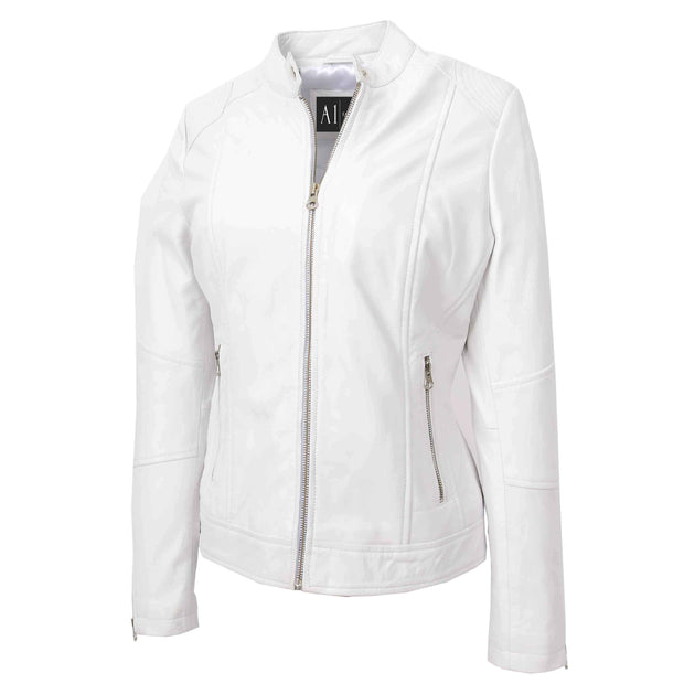 Womens Genuine Leather Biker Jacket Zip Casual Naomi White 5