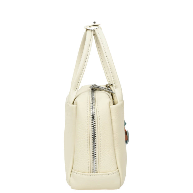 Womens Leather Mini Handbag with Rocking Horse Charm Girls Casual Fashion Tote Lori White