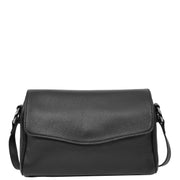 Women's Classic Leather Shoulder Bag Flap-over Design with Organiser Crossbody Messenger Edith Black