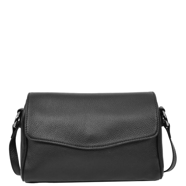Women's Classic Leather Shoulder Bag Flap-over Design with Organiser Crossbody Messenger Edith Black