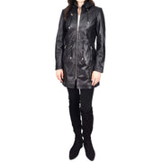 Womens Real Leather Jacket Black Trench 3/4 Long Duffle Detachable Hood Coat Luna