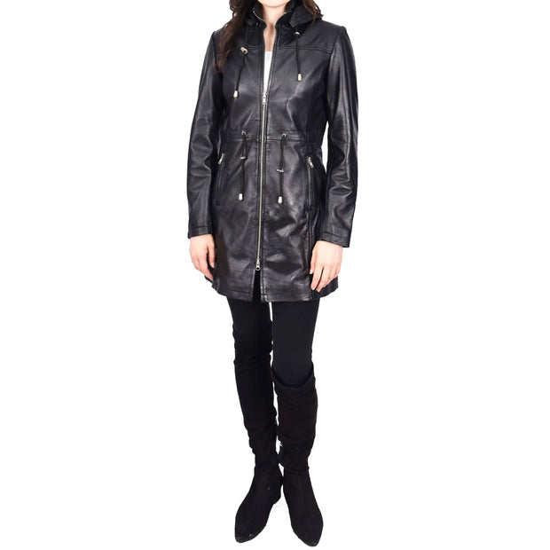 Womens Real Leather Jacket Black Trench 3/4 Long Duffle Detachable Hood Coat Luna