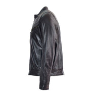 Mens Leather Biker Jacket Vintage Band Collar Fitted CALVIN Black 5