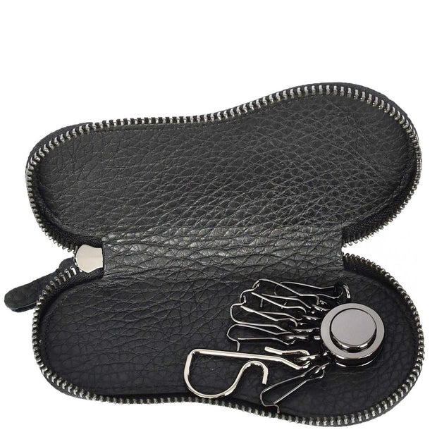Premium Leather Key Case Wallet With Multiple Key Hooks Zip Around Pouch Style A169 Black