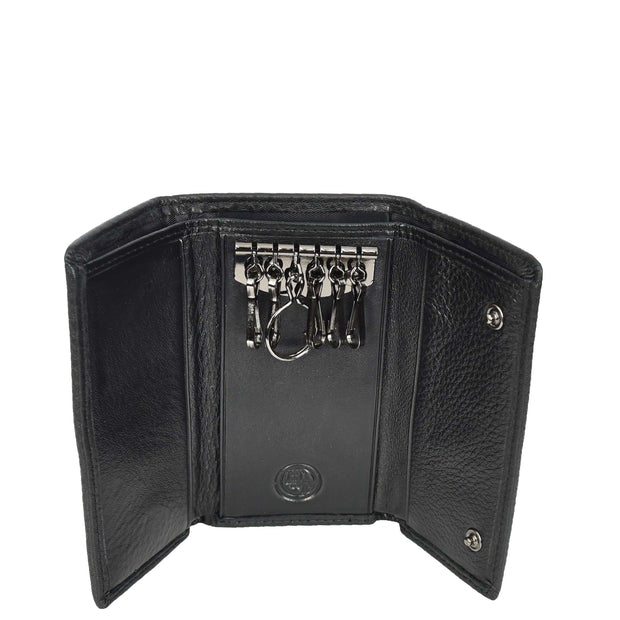 Real Leather Tri-Fold Key Case Wallet With Multiple Key Holders Pouch A168 Black