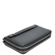Real Leather Clutch Dual Zipper Large Size Lockable Purse Organiser Travel Wallet A213 Black