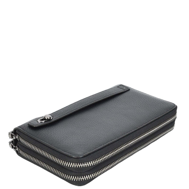 Real Leather Clutch Dual Zipper Large Size Lockable Purse Organiser Travel Wallet A213 Black