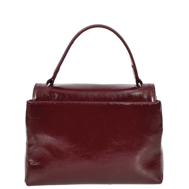 Womens Genuine Leather Small Handbag Glossy Casual Top Handle Crossbody Bag with Turn Lock Oisin Burgundy