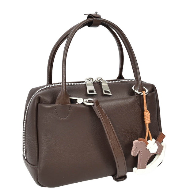 Womens Leather Mini Handbag with Rocking Horse Charm Girls Casual Fashion Tote Lori Brown