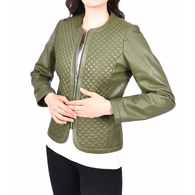 Womens Collarless Olive Green Leather Jacket Fitted Quilted Zip Up - Remi