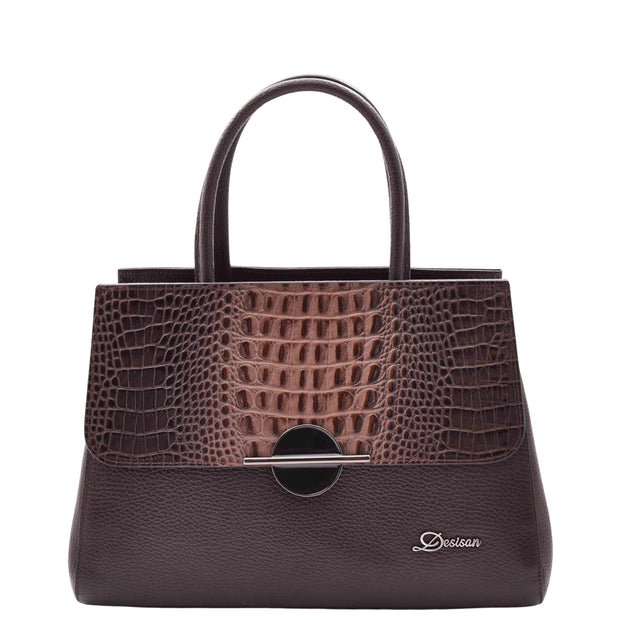 Womens Exclusive Leather Handbag Medium Casual Outgoing Tote Croc Trim Bag A4031 Brown
