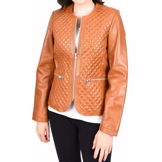 Womens Collarless Cognac Leather Jacket Fitted Quilted Zip Up - Remi