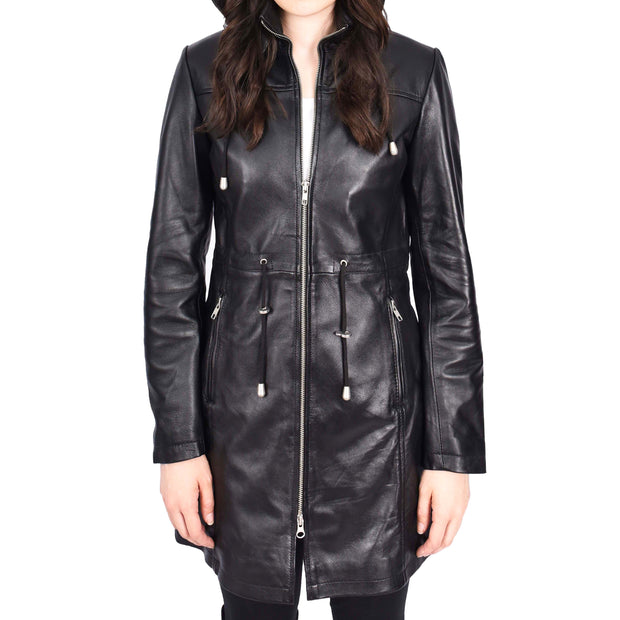 Womens Real Leather Jacket Black Trench 3/4 Long Duffle Detachable Hood Coat Luna