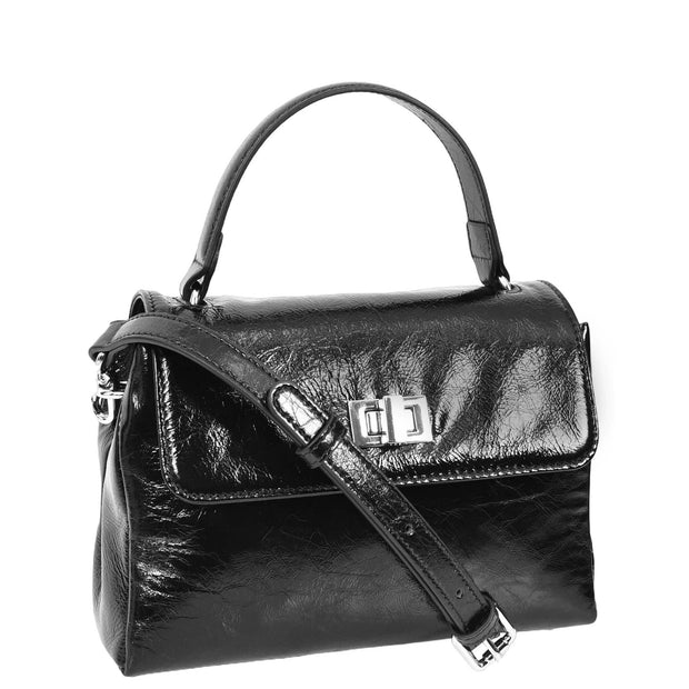Womens Genuine Leather Small Handbag Glossy Casual Top Handle Crossbody Bag with Turn Lock Oisin Black