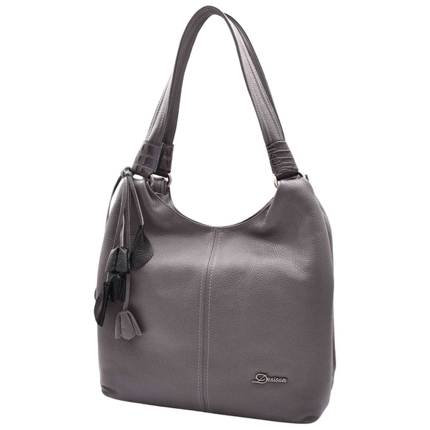 Womens Leather Shoulder Bag Large Hobo Casual Outgoing Multi Pockets Handbag A71 Grey