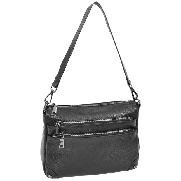 Womens Leather Shoulder Bag Classic Multiple Zip Pockets Handbag A188 Black-5