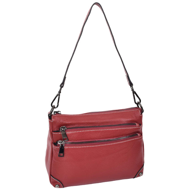 Womens Leather Shoulder Bag Classic Multiple Zip Pockets Handbag A188 Red-4