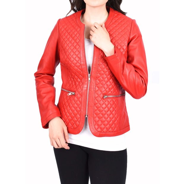 Womens Collarless Red Leather Jacket Fitted Quilted Zip Up - Remi