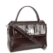 Womens Genuine Leather Small Handbag Glossy Casual Top Handle Crossbody Bag with Turn Lock Oisin Brown