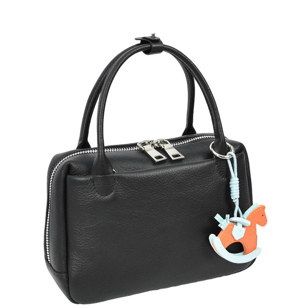 Womens Leather Mini Handbag with Rocking Horse Charm Girls Casual Fashion Tote Lori Black