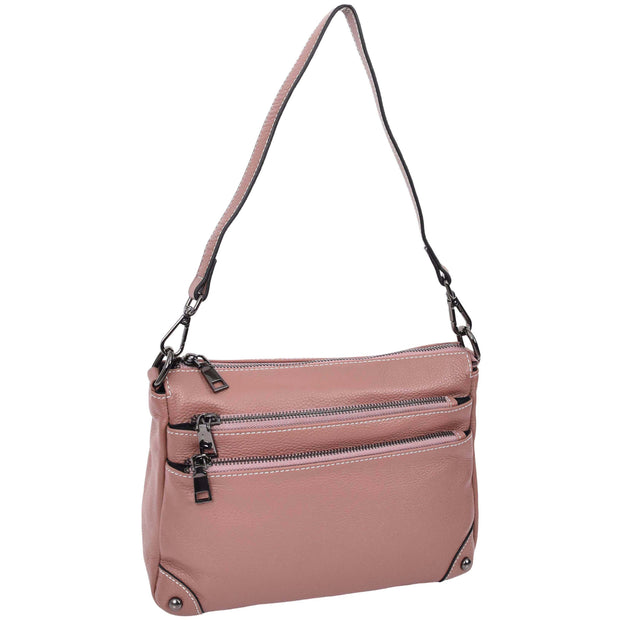 Womens Leather Shoulder Bag Classic Multiple Zip Pockets Handbag A188 Rose-4