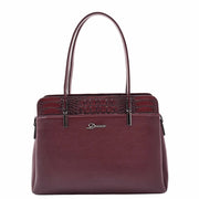 Genuine Leather Shoulder Bag Womens Multi Pockets Croc Trim Fashion Handbag A597 Bordo