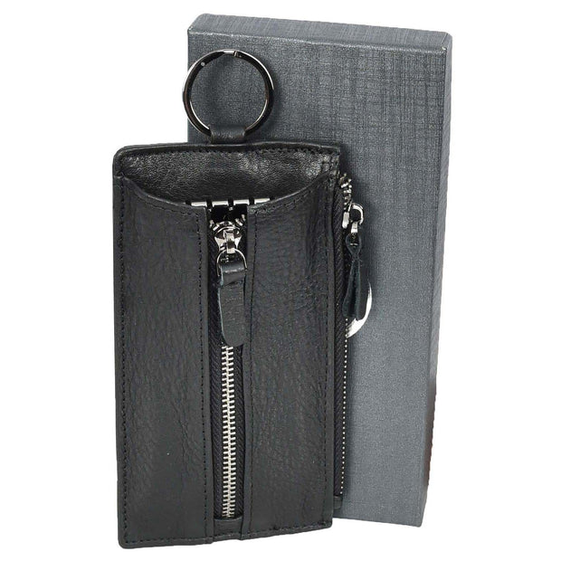 Genuine Leather Large Lightweight Key Case Wallet Car Key Holder Zipper Pouch A633 Black