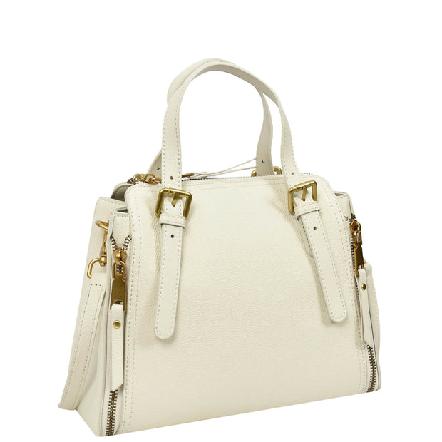 Women's Premium Leather Handbag Gold Hardware Detachable Shoulder Strap Trendy Design Bag Pam White