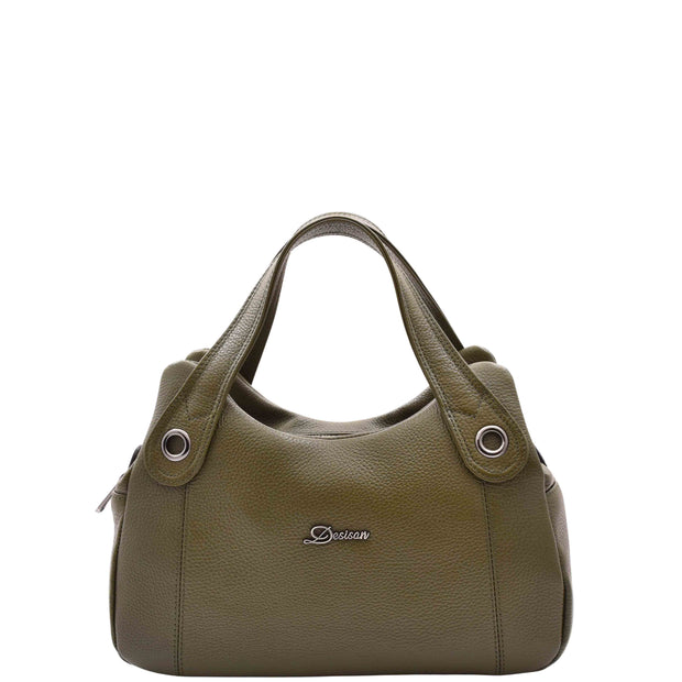 Womens Leather Handbag Twin Zip Top Casual Fashion Tote Grab Bag A850 Olive