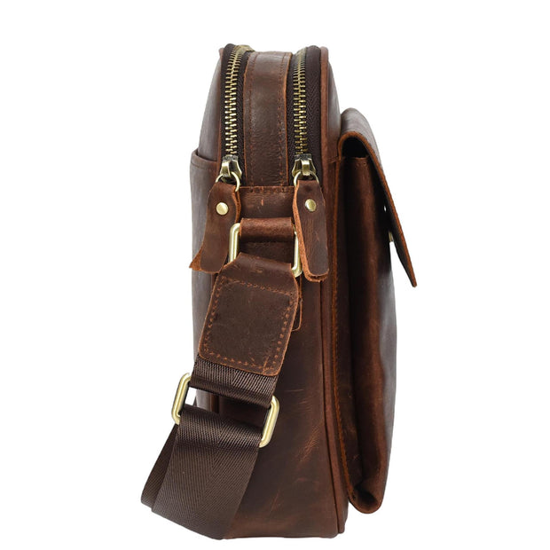 Mens Real Leather Messenger Bag Medium Size Travel Crossbody Multiple Zip Pockets Organiser A1371 Rust Brown