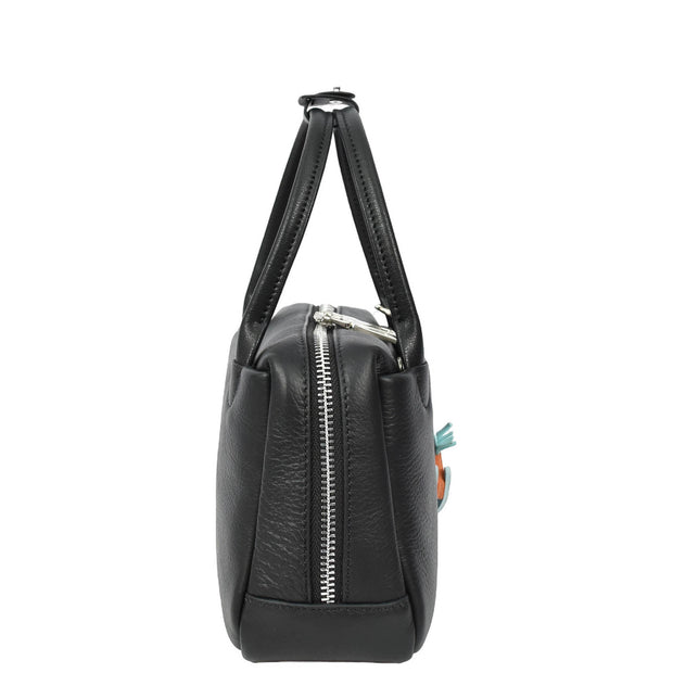 Womens Leather Mini Handbag with Rocking Horse Charm Girls Casual Fashion Tote Lori Black
