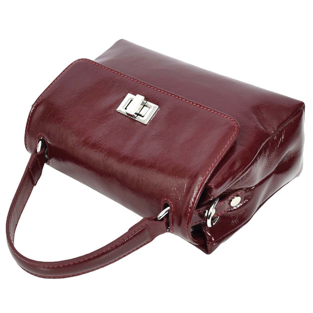 Womens Genuine Leather Small Handbag Glossy Casual Top Handle Crossbody Bag with Turn Lock Oisin Burgundy