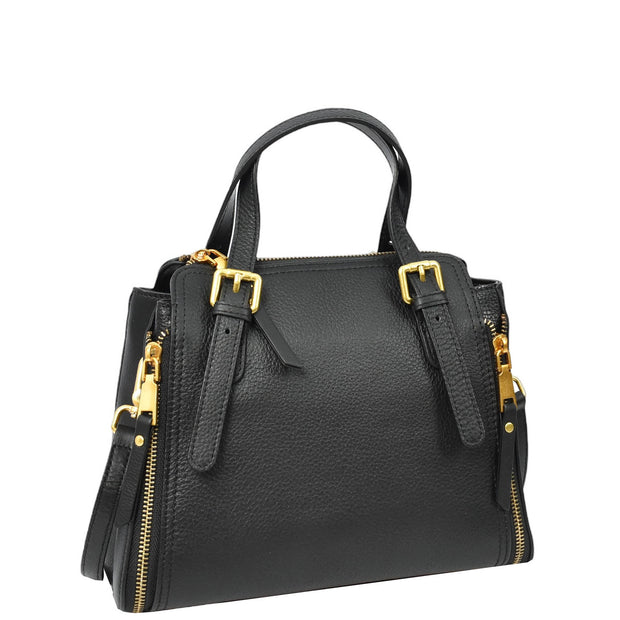Women's Premium Leather Handbag Gold Hardware Detachable Shoulder Strap Trendy Design Bag Pam Black