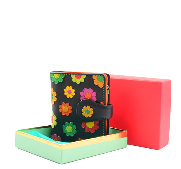 Womens Real Leather Purse Multi Coloured Flowers Clutch Wallet Gift Boxed Bloom
