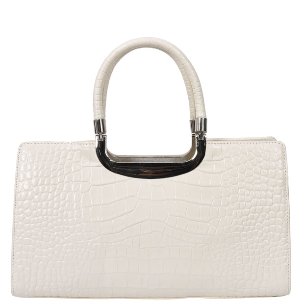 Womens Leather Handbag Croc-Print Casual Fashion Top Handle Tote Bag A880 Off White-4