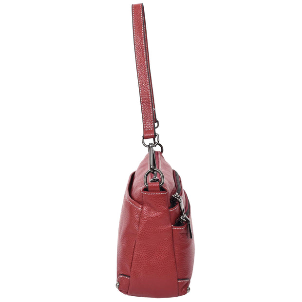 Womens Leather Shoulder Bag Classic Multiple Zip Pockets Handbag A188 Red-3