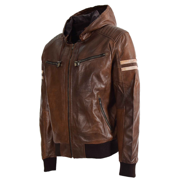 Mens Jacket Real Leather Bomber Zip Detachable Hoodie BRUNO Cognac 7
