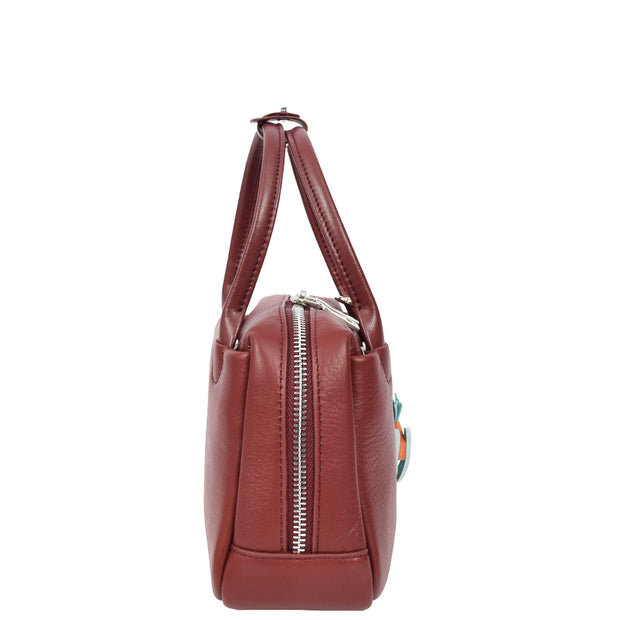 Womens Leather Mini Handbag with Rocking Horse Charm Girls Casual Fashion Tote Lori Burgundy