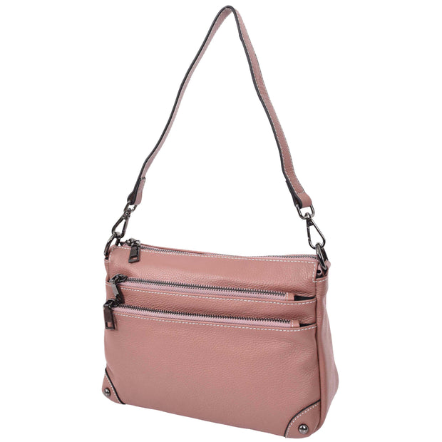 Womens Leather Shoulder Bag Classic Multiple Zip Pockets Handbag A188 Rose-8